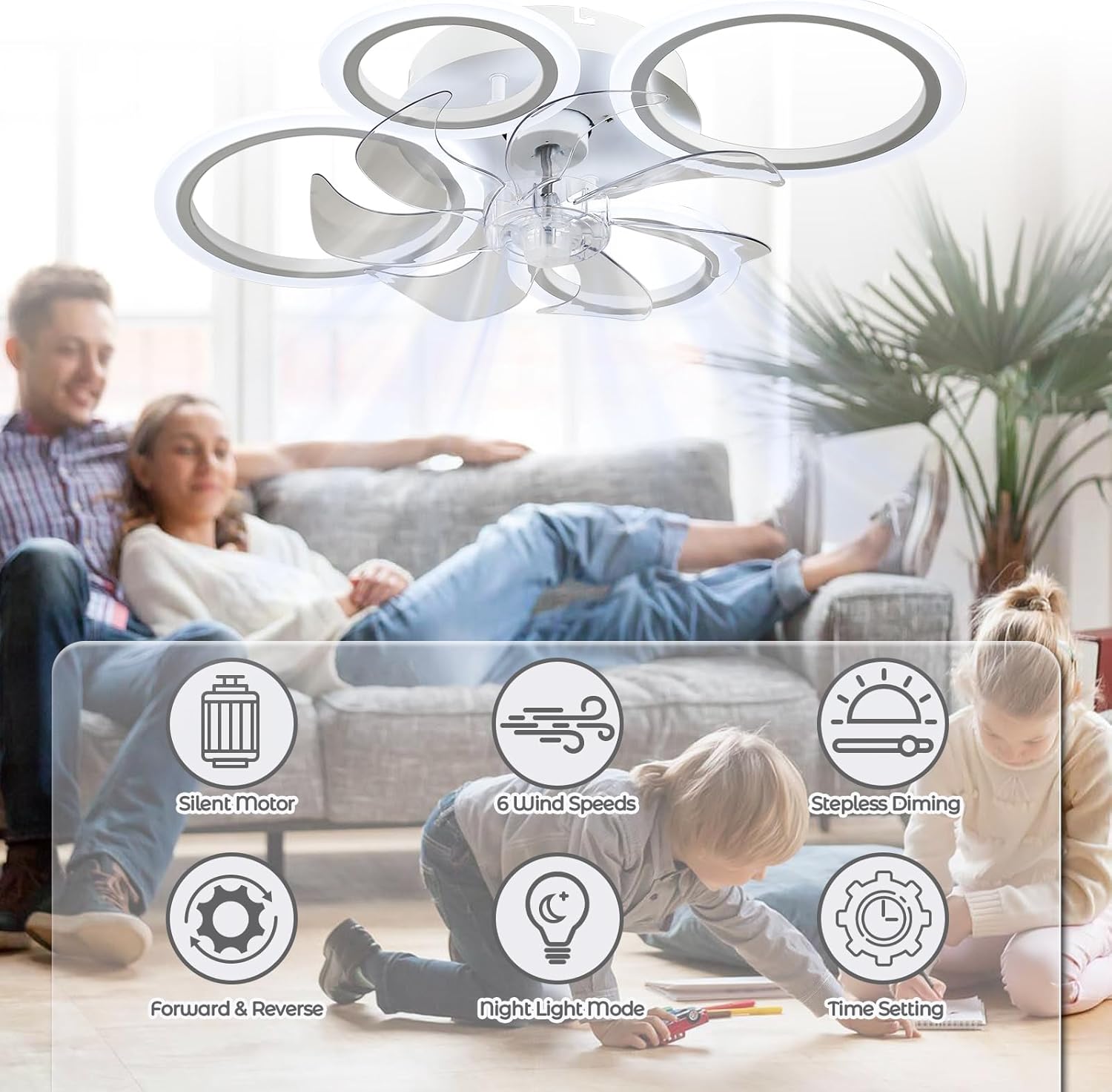Modern LED Ceiling Fan with Lights – 63cm Dimmable 4-Ring Flush Mount Fan with Remote, 6 Speeds, Quiet Bedroom & Living Room