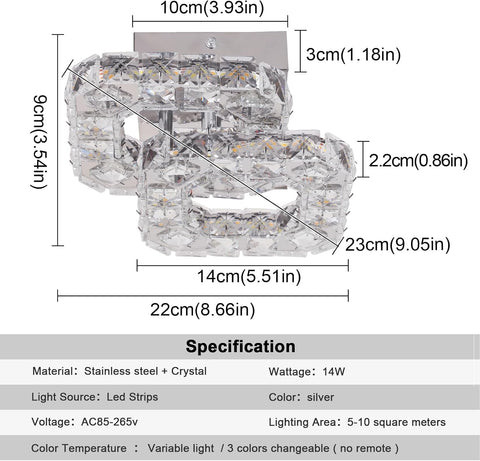 Crystal LED Ceiling Light Fixture, Square Flush Mount 3-Color Chandelier for Bedroom, Kitchen, Hallway