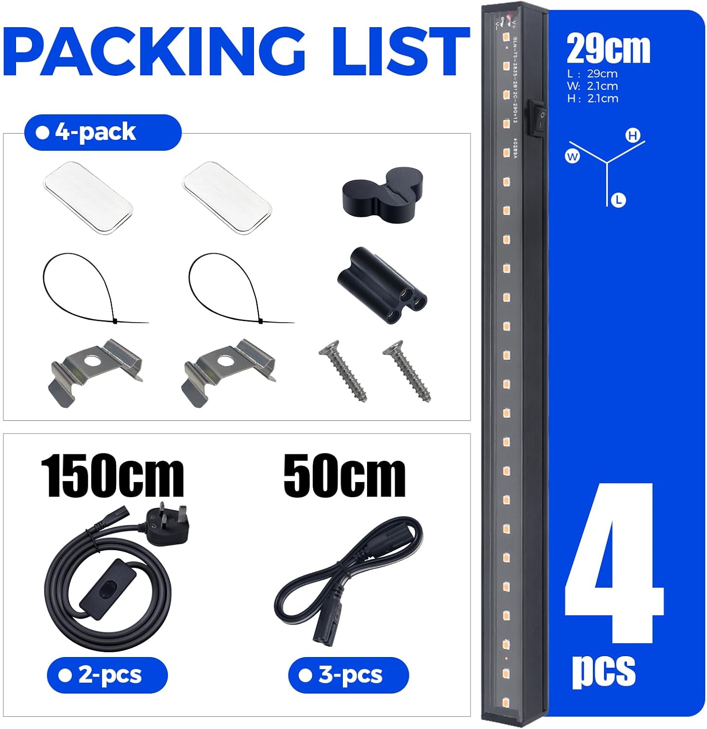 Packing list with LED light strip components and packaging details.