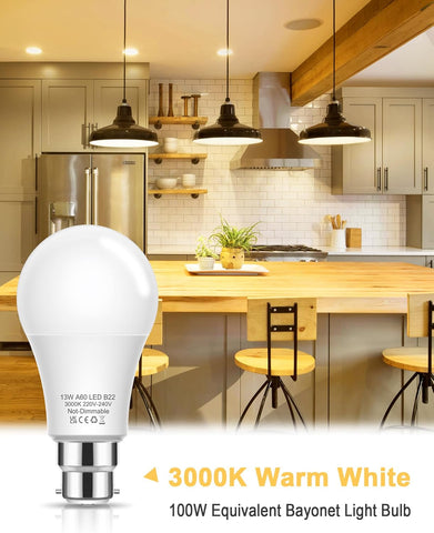 B22 Bayonet Light Bulbs 100W Equivalent, 13W LED Bulbs Bayonet Warm White 3000K, 1200lm BC A60 B22 Light Bulb Bayonet, Non-Dimmable for Indoor Home Lighting, 3 Pack [Energy Class F]