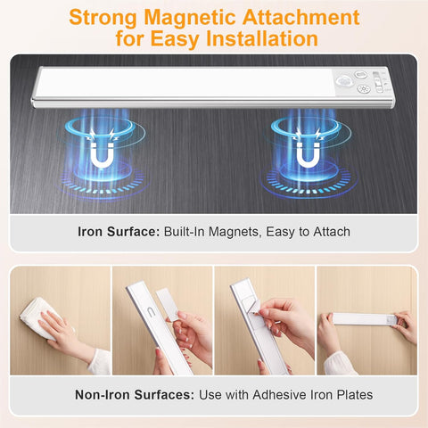 Product with magnetic attachment feature for easy installation on iron and non-iron surfaces.