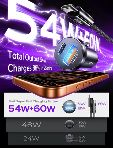 LISEN 54W USB C Car Charger Adapter with 60W Cable
