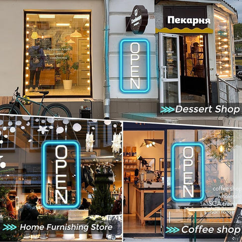 LED Neon Open Sign 16"x9" Ultra Bright, Dimmable USB Light Up Sign for Business Window, Shops, Bars, Restaurants, Vertical Blue/White