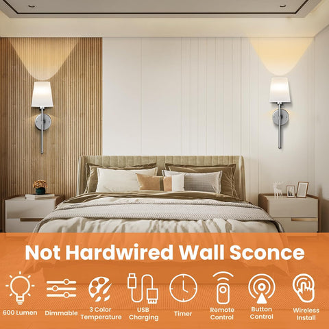 Rechargeable Battery Operated Wall Sconce Set of 2 Silver