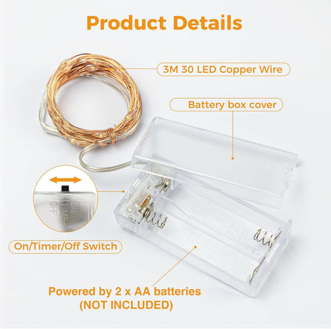 Red Battery Operated Fairy Lights with Timer, 3M 30 LED Waterproof Copper Wire String Lights for Valentine’s Day, Wedding, Bedroom & Party Decor