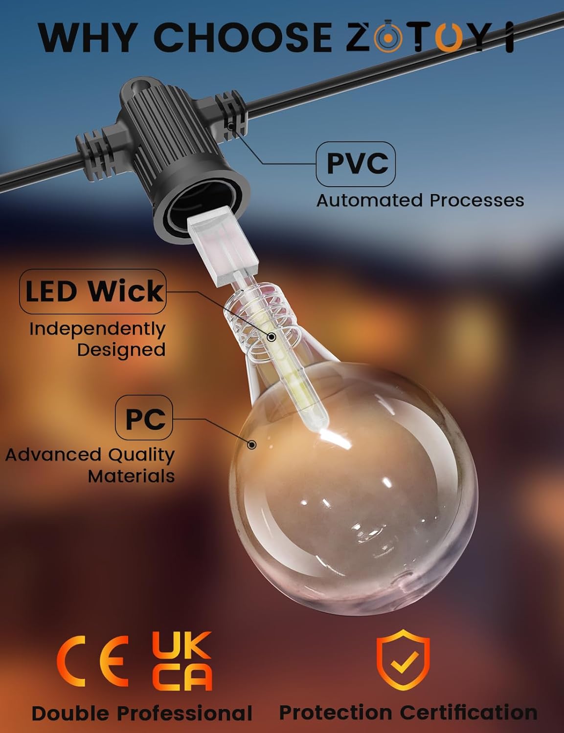 LED light bulb with labeled components and certifications on a blurred background