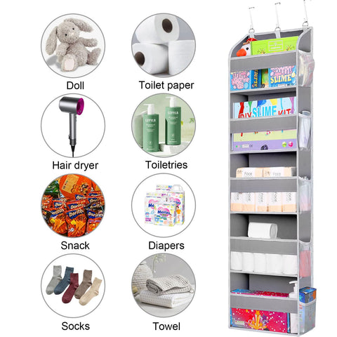 TAHAVICE Over The Door Storage Organiser, 5 Clear Window Pockets and 10 Mesh Side Pockets, Grey – Turn Unused Door Space into Smart Storage