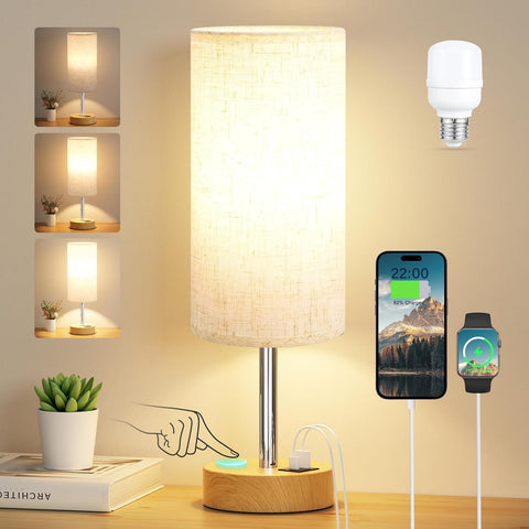 Aooshine Bedside Lamp with Touch Control, 3-Way Dimmable LED Bulb, USB-A & Type-C Charging Ports – Off White Linen Table Lamp for Bedroom, Living Room & Desk