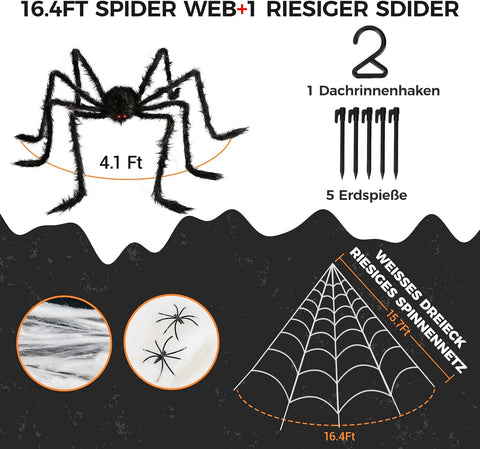 BOSONER Giant Spider Web Halloween Decorations with 50-Inch Large Spider & 16.4 × 15.7 ft Web – Outdoor Halloween Decorations for Gardens, Front Doors, Parties & Haunted Houses