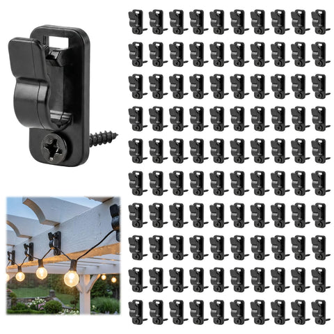 Peaflew 60 Pcs Outdoor String Light Clips with Screws – Black Nylon & PC Cable Hooks with Safety Buckles for Garden, Fence, Patio & Christmas Decorations