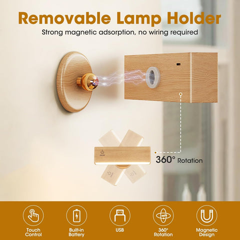 Battery Operated Magnetic Light 2 Pack, Rechargeable Wood Wall Sconce Indoor with 360°Rotation, Wireless Lamp with Stepless Dimmable & Touch Control for Bedroom