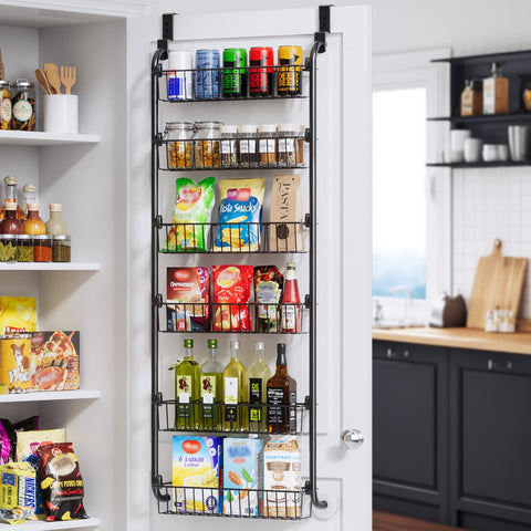 Delamu 8-Tier Over Door Storage Organiser, Adjustable Metal Pantry Shelves, Hanging Spice Rack for Kitchen, Bathroom & Laundry, White