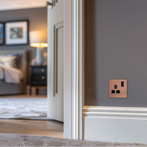 BG Electrical Single Switched Power Plug Wall Socket, Screwless Front Plate, Round Edges, Evolve, Polished Copper, 13A, PCDCP21B