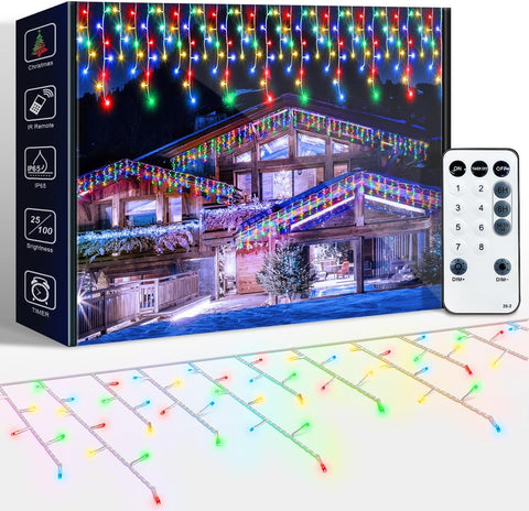 10m Icicle Lights, 320 LED Outdoor Multicolour Christmas Lights – Remote Control, Timer & IP65 Waterproof - Turn Your Roofline Into a Festive Glow