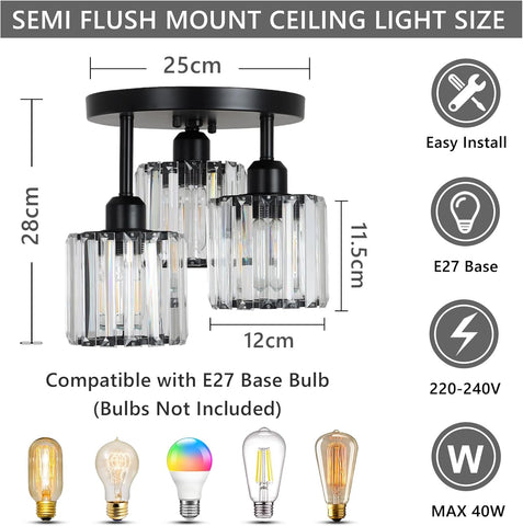 3-Light Modern Crystal Chandeliers Black Semi Flush