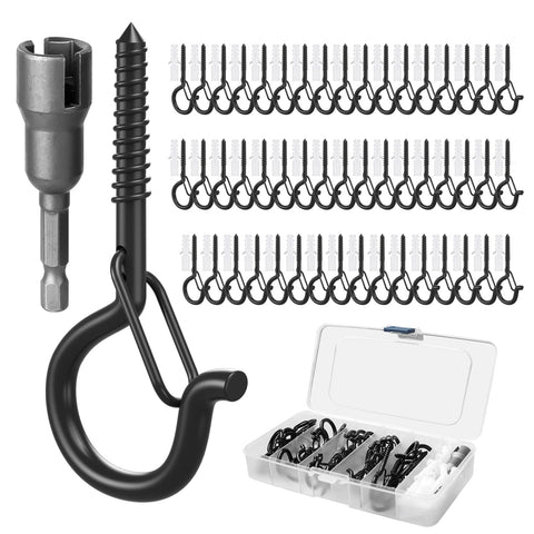 Screw in Hooks with Safety Buckle, (Black-32 PCS) | 7 Pcs Black Ceiling Hooks, Outdoor Garden Hooks for Christmas Lights,Rope Lights,Fairy Lights,Hanging Plants,Bird Feeders