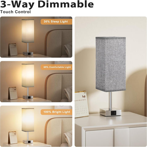 Aooshine Touch Bedside Lamps Set of 2 with USB-A & USB-C Charging Ports, 3-Way Dimmable LED Table Lamps with Grey Linen Shades for Bedroom, Living Room & Study