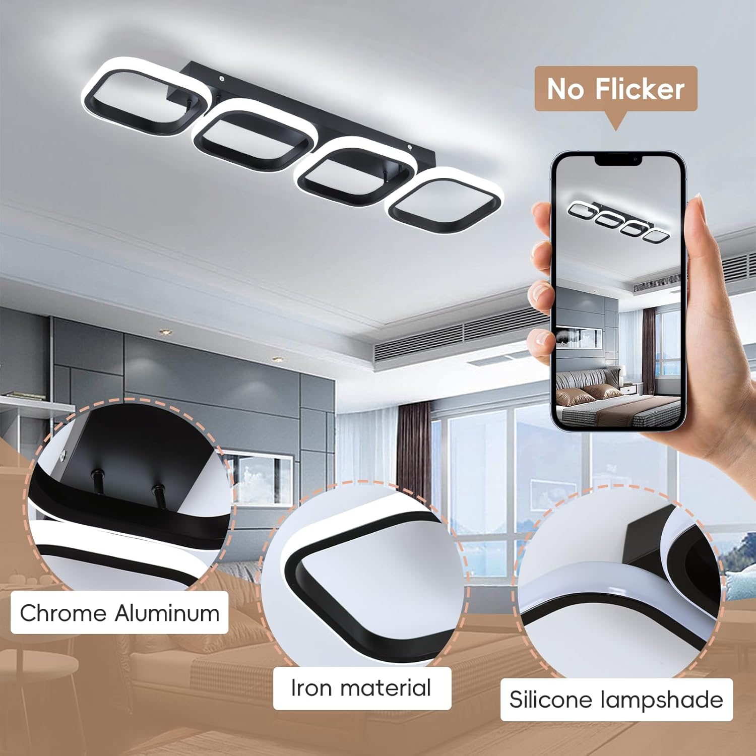 Modern ceiling light fixture with smartphone displaying control app, surrounded by close-up details of material and design.