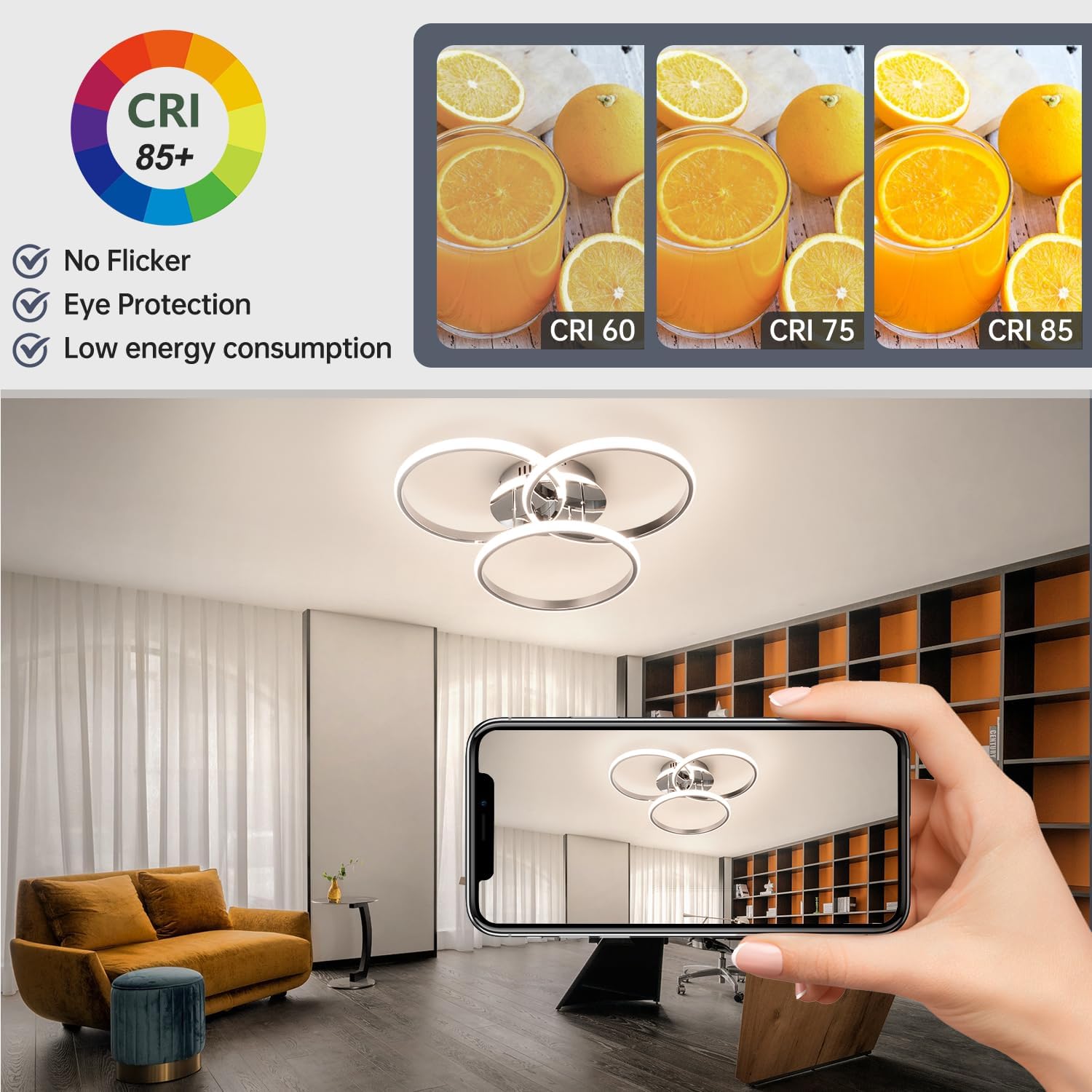 Modern living room with a smartphone displaying a product, surrounded by oranges and a CRI chart.