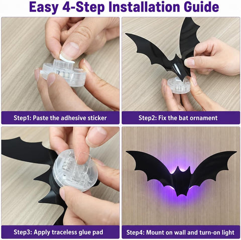 24PCS Halloween LED 3D Bat Wall Decorations – Glowing Purple Light-Up Bats with Removable Adhesives for Indoor Halloween Parties, Home, Bar & Party Décor