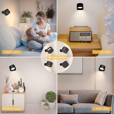 Wall Light LED Wall lamp Rechargeable Battery Wall Sconces Mordern Dimmable Touch Control Warm/White Brightness Modes Wall Spotlights Freely Rotatable Lights for Bedroom Cabinet Black