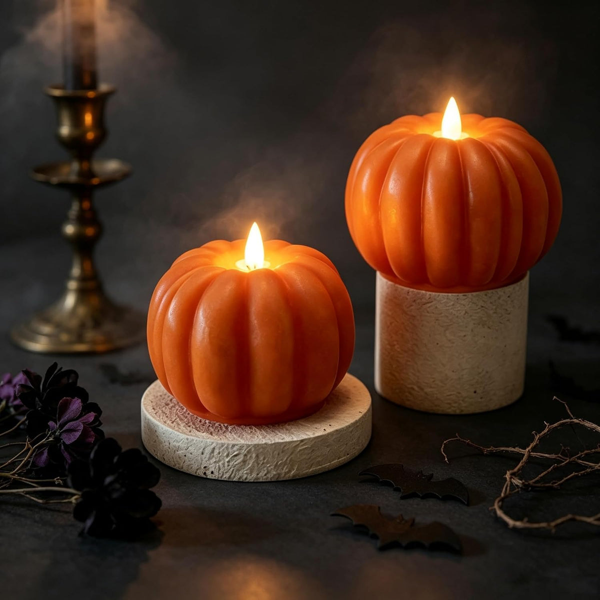 2 Pcs Pumpkin Flameless Candle with Remote, LED Battery Operated Real Wax 3D Flickering Pillar Candle, Autumn Halloween Thanksgiving Home Decoration Fall Gift for Indoor Farmhouse Decor