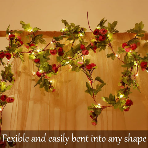 Rose Flower String Lights, 2M 20 LED Battery Powered Artificial Rose Garland for Indoor Bedroom, Wedding and Party Decoration
