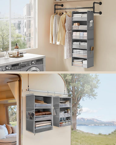 SONGMICS Hanging Wardrobe Organiser, 6-Tier Fabric Storage, Dove Grey