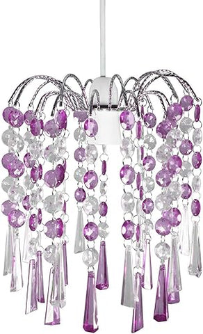 Light turned on through crystal beaded shade


