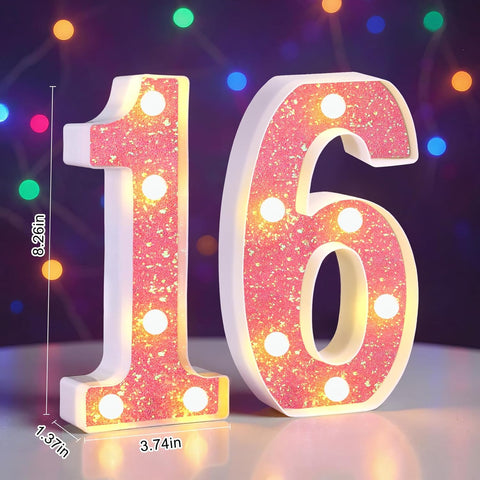 16th Birthday Decorations LED Light Up Numbers, Pink Marquee Number Lights for Girls, Light 16 Sign for Birthday Party Backdrop Anniversary Home Decor