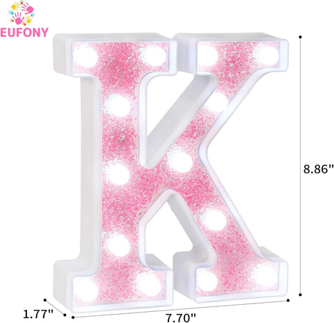 Pink Glitter LED Marquee Letter K - Cool White Lights
