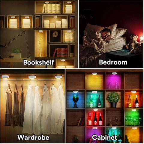 Under Cabinet LED Puck Lights Battery Powered Stick-On RGB Kitchen Closet Lighting with Remote 2 Pack