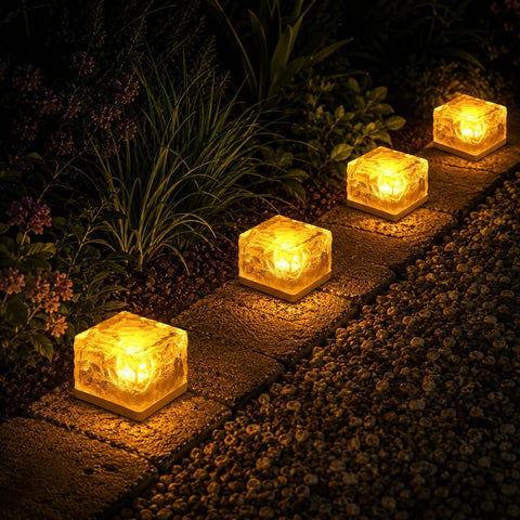 GWSOLAR Solar Ground Lights 4 Pack, Sodium-Style Warm Glow, 7cm Brick Ice Glass Design, Auto On/Off, IP65 Waterproof Outdoor Garden Lights for Pathway, Patio & Tabletop