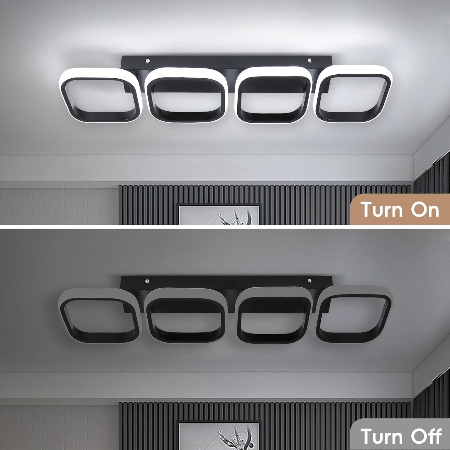 Ceiling light fixture shown in 'On' and 'Off' states with a neutral background.