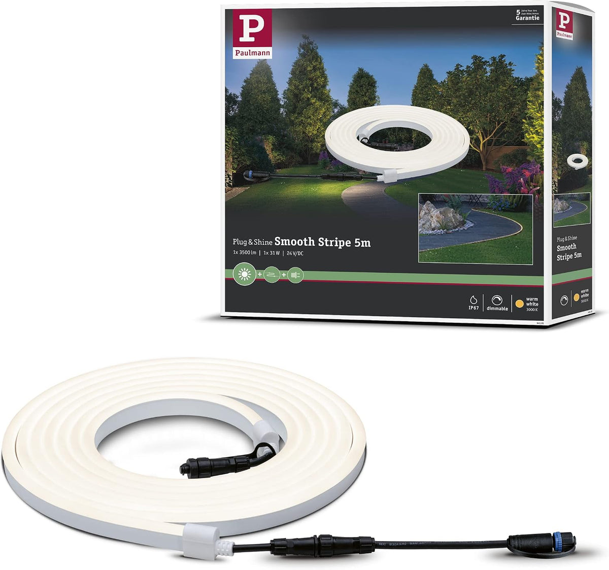 Paulmann 94191 Plug & Shine LED Exterior luminaire Flexible neon Strip incl. 1x31 watt IP67 dimmable Outdoors White Garden luminaire Plastic Garden Light 3000 K