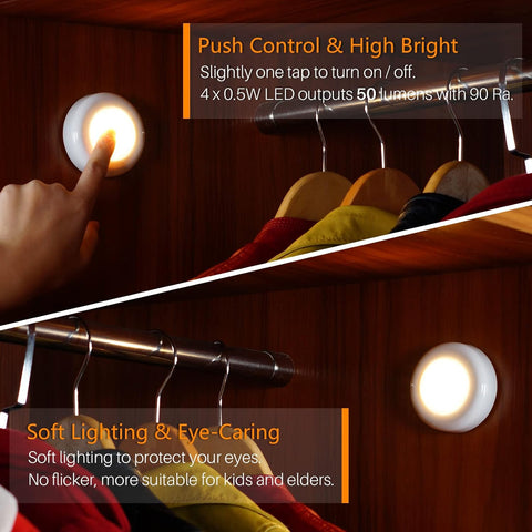 Tap Light Push Lights – 5 Pack, Warm White, Stick-On LED Touch Puck Lights, Battery Operated, Indoor Spot Lighting for Cupboard, Wardrobe, Kitchen, Closet
