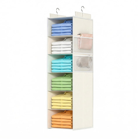 Extra Deep 6-Shelf Hanging Wardrobe Organiser, Grey – Heavy-Duty Foldable Clothes Storage with 4 Large Mesh Pockets