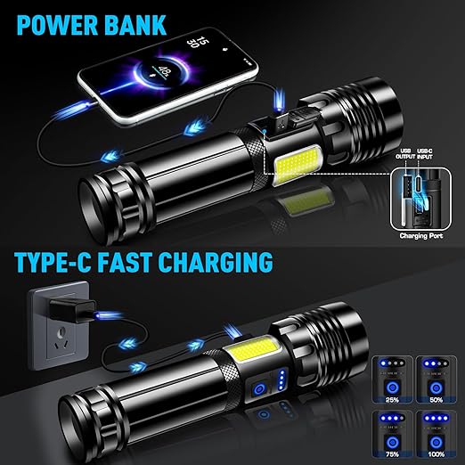 Torch Rechargeable, 250000 Lumen Torches Led Super Bright, Powerful Torch XHP90.2 with COB Side Light, IPX7 Waterproof &9 Modes & Zoomable, Bright Torch for Emergency, Camping, Hiking