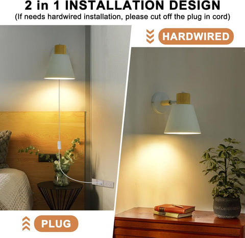 Two wall-mounted lamps, one hardwired and one plug-in, in a bedroom setting.
