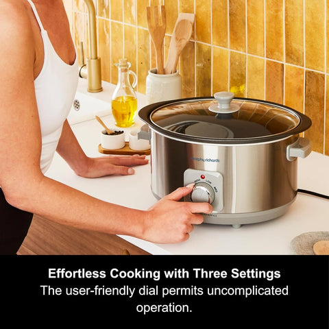 Sear & Stew 6.5L Aluminium Slow Cooker – Brushed Stainless Steel, Hob-Proof Pot, Dishwasher Safe, 163W
