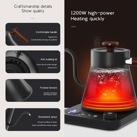 RHD Electric Gooseneck Kettle 0.9L – LCD Display, Real-Time Temp Control, 1200W Fast Heat, 304 Stainless Steel, Matte Black