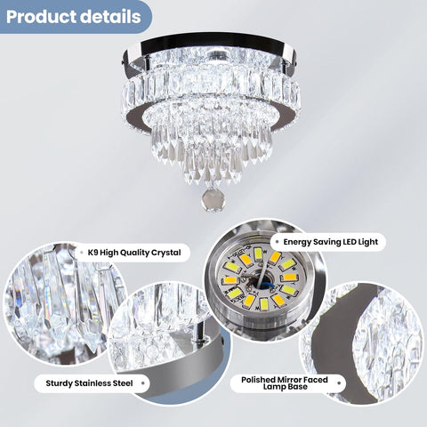 11.8" Crystal LED Ceiling Light Modern Dimmable Flush Mount Chandelier