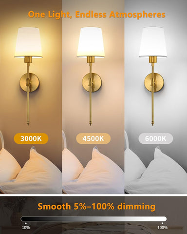 Rechargeable Wireless Wall Sconce Lights Set of 2 Vintage Fabric Shade Gold