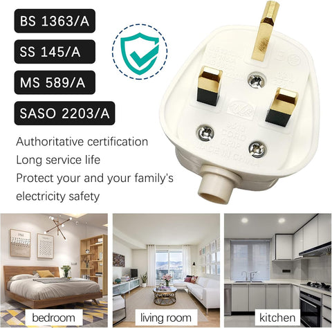 UK Plug 13 Amp Plug UK, plugs 3 Pin Electric Plugs UK 250V ,13A Fused Mains , with Cord Grip Rewireable Socket White,2 Pack