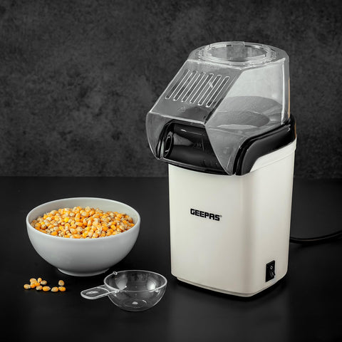 Geepas 1200W Electric Popcorn Maker – Oil-Free Hot Air Popper, White & Black
