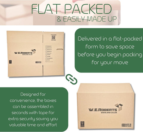 10 Strong Large Cardboard Storage Packing Moving House Boxes with Carry Handles and Room List – Ideal for Storage, Moving, and Packing 18" x 11" x 11" internal. Made in the UK
