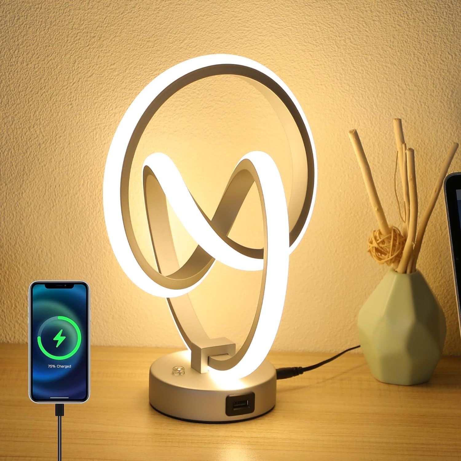 Modern LED table lamp with USB charging port on a wooden surface.