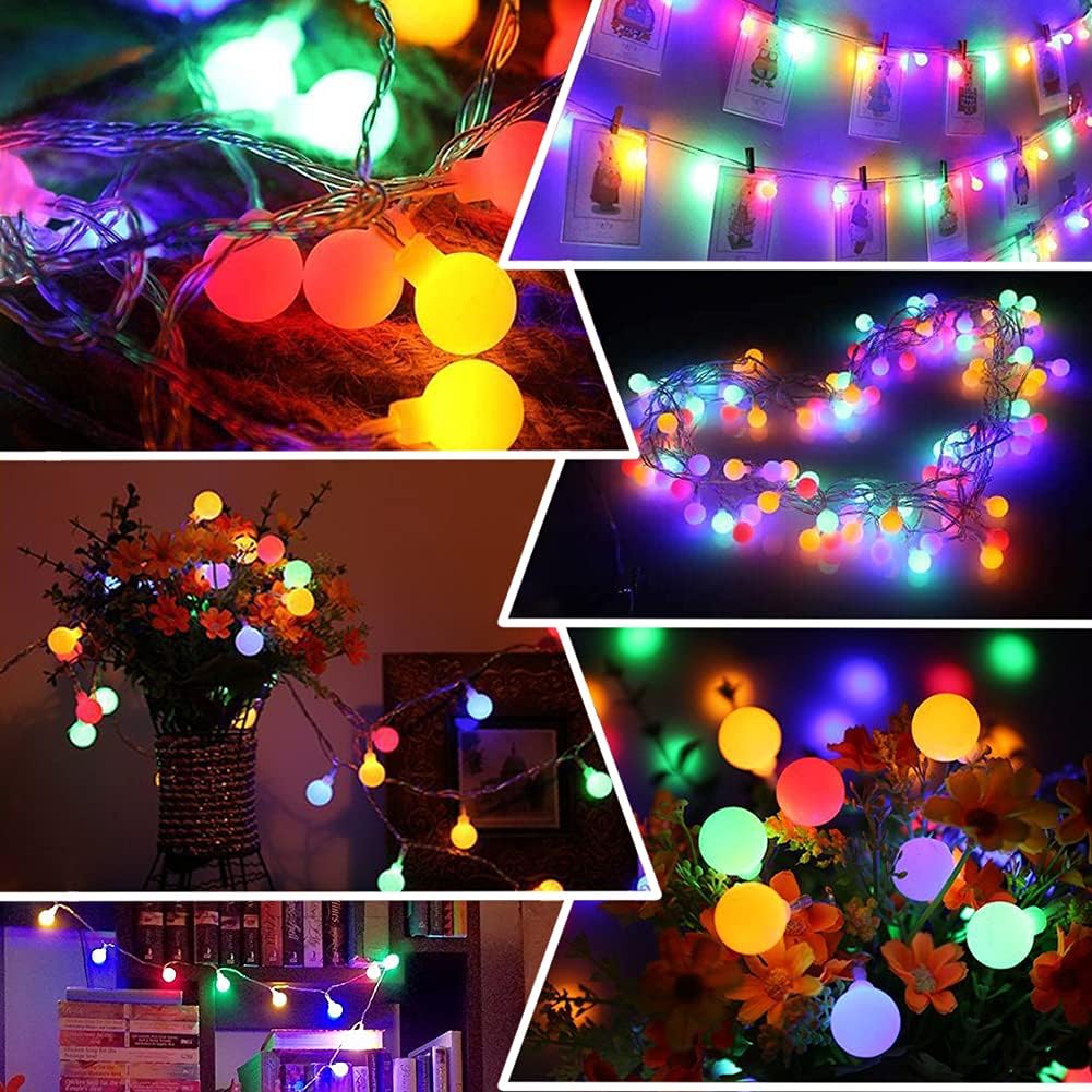Collage of colorful string lights in various settings.