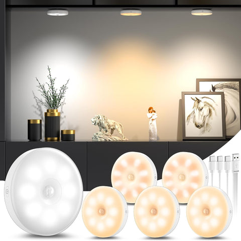 daphomeu 6 Pcs Motion Sensor Lights Indoor USB Rechargeable – LED Night Lights for Bedrooms, Kitchens, Cabinets & Stairs - Let the Light Find You When You Need It