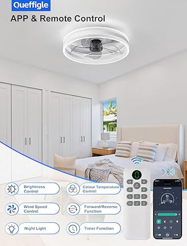 20" Ceiling Fan with Light 4000LM 50cm Remote & App Control Flush Mount 6 Speeds Dimmable Low Profile 3 Colours Reversible